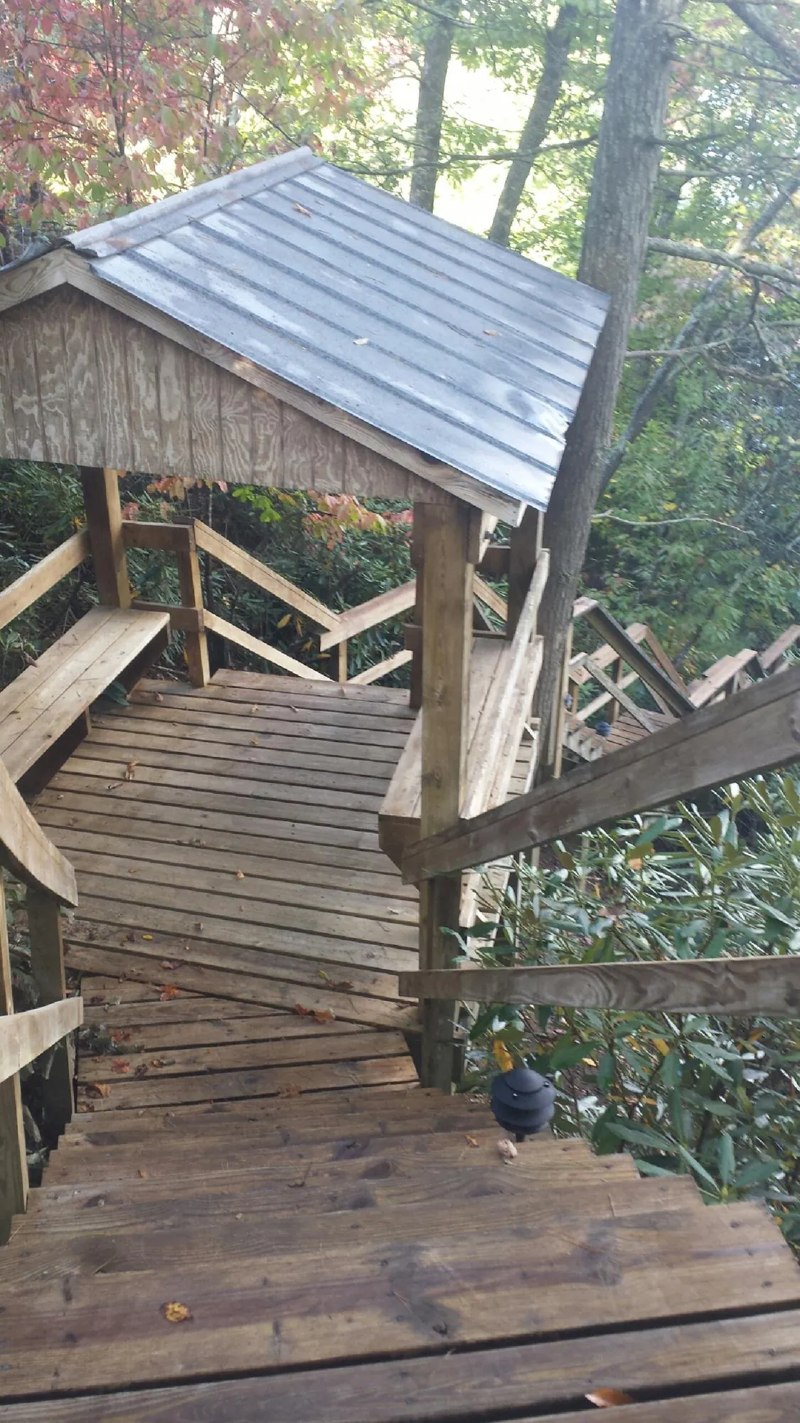 Metal roofed shelter over wooden steps on a wooded walkway — Skylight Repair & Installation work by our crew in Roswell